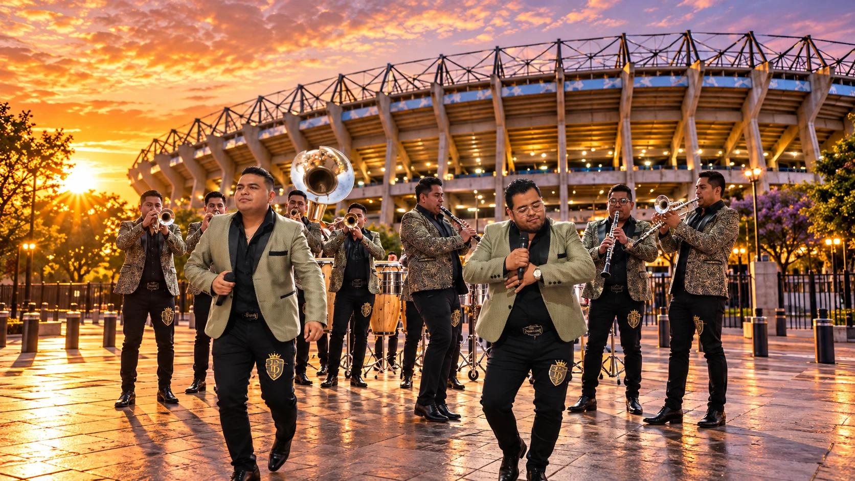 Banda mexicana al atardecer frente a un estadio