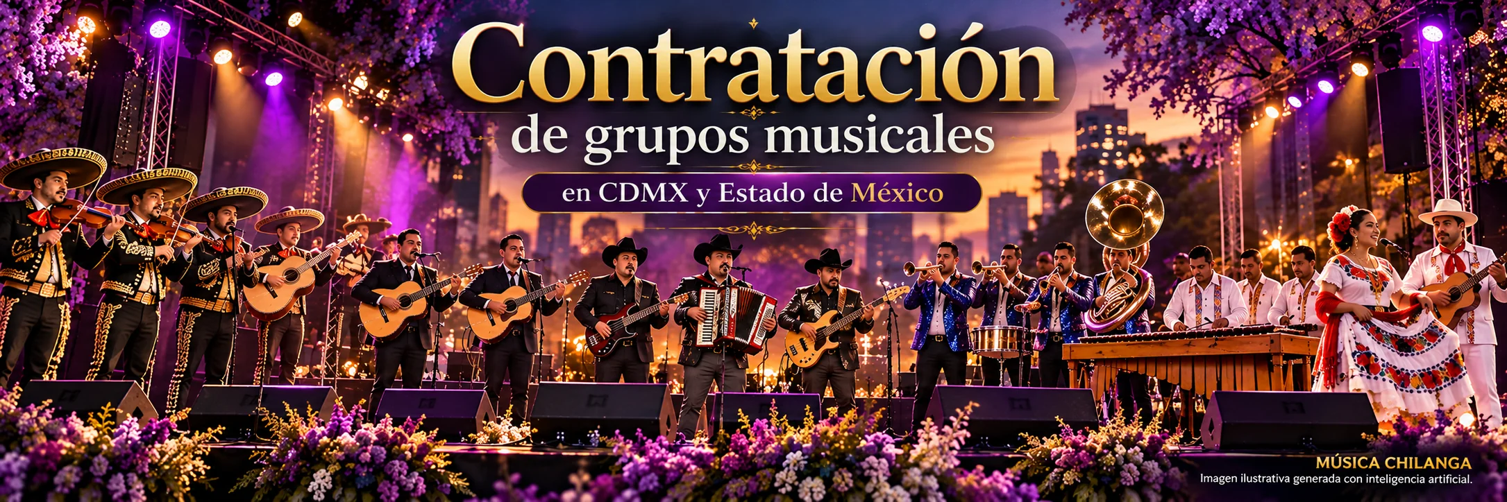 Ilustración artística de contratación de grupos musicales en CDMX y Estado de México, generada con inteligencia artificial