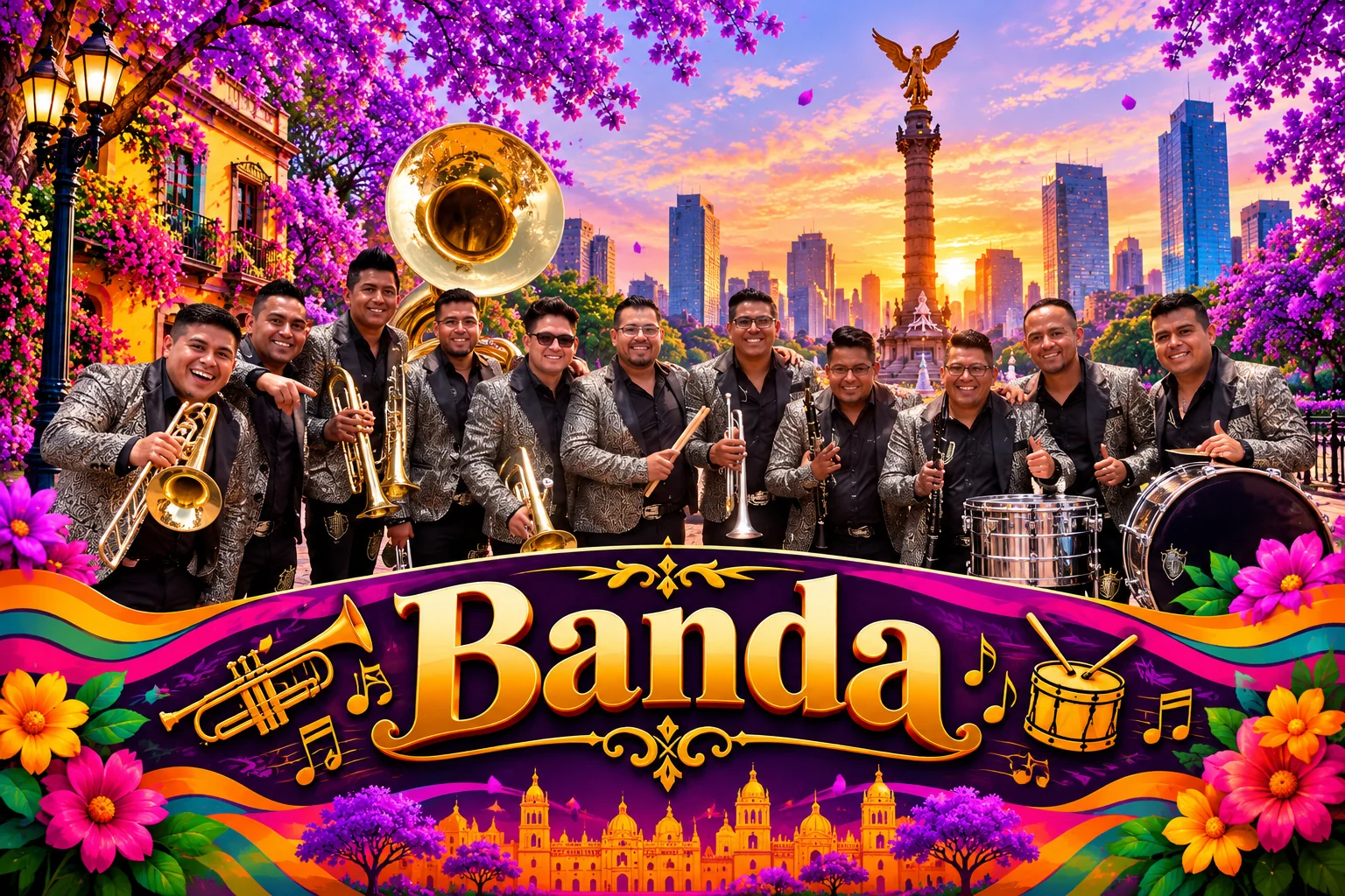 Banda sinaloense con instrumentos de viento y percusión para eventos