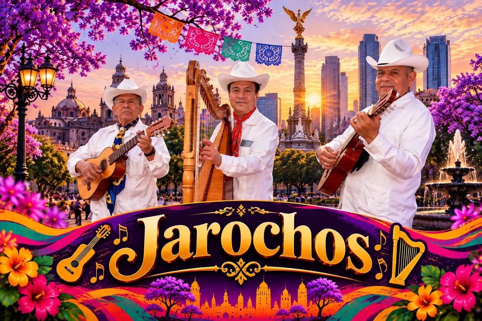 Grupo de son jarocho con instrumentos tradicionales de Veracruz