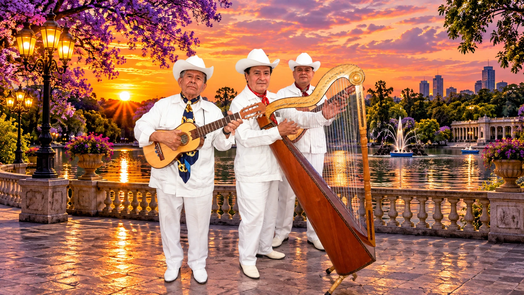 Trío de músicos jarochos con instrumentos de cuerda y arpa junto al lago