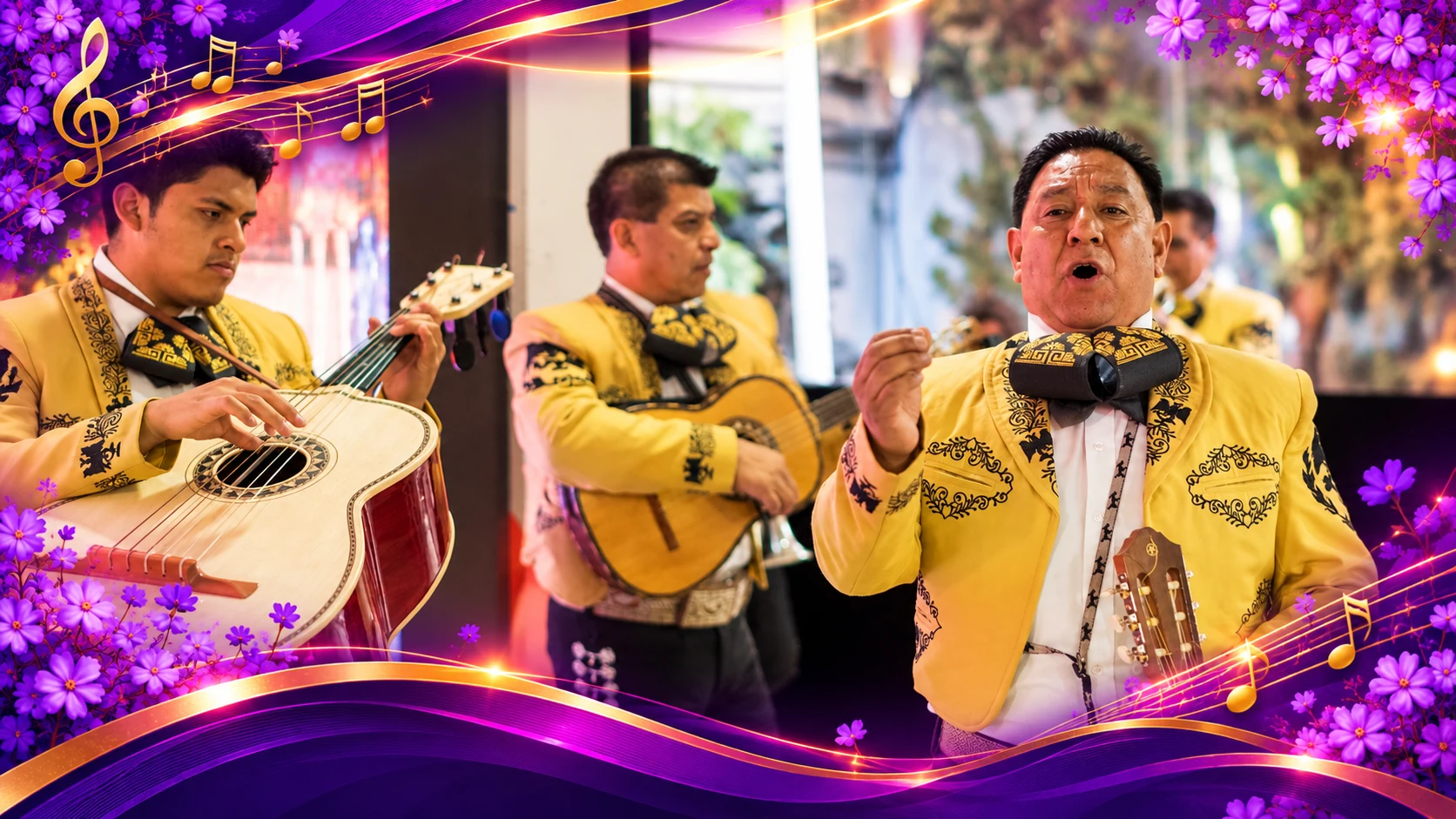 Cantante de mariachi interpretando una canción acompañado por músicos