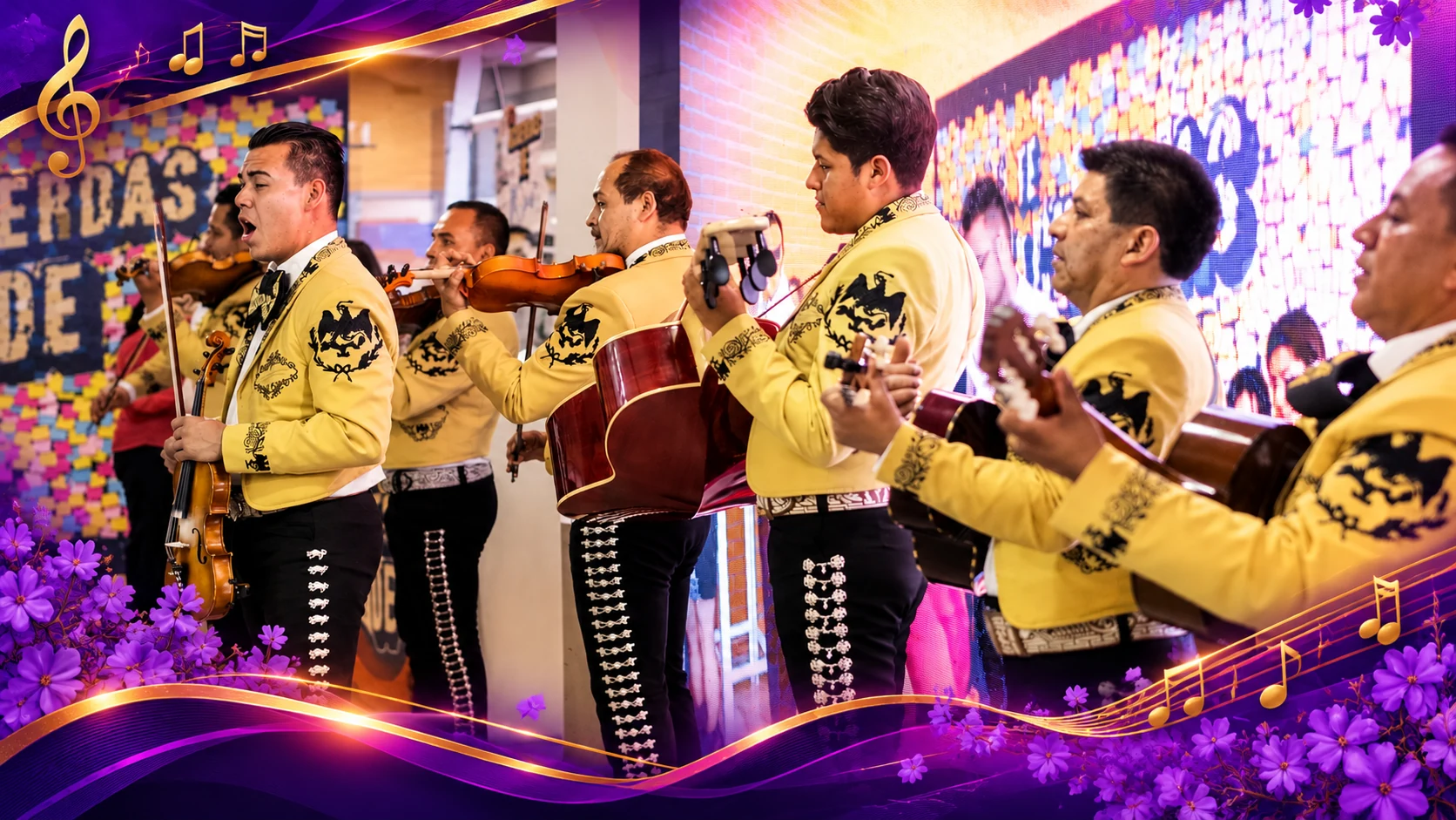 Conjunto de mariachis interpretando música mexicana en vivo