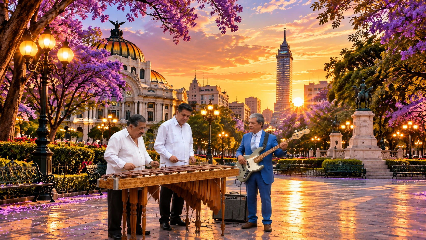 Músicos de marimba al atardecer frente a la Torre Latinoamericana