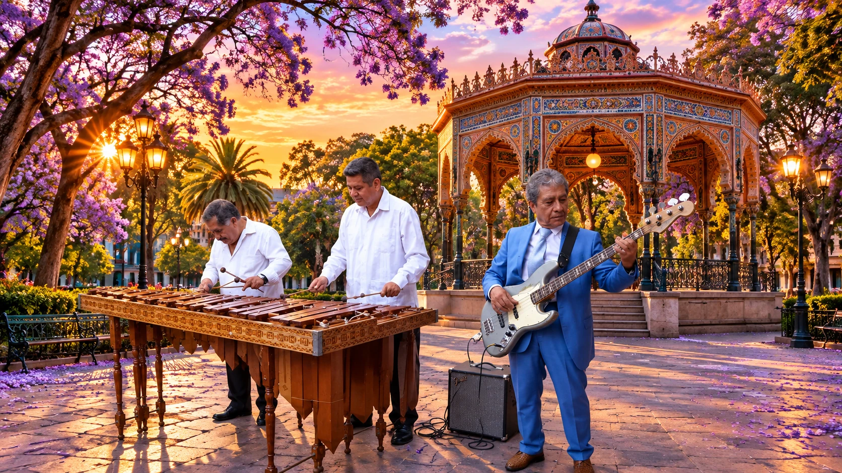 Músicos de marimba al atardecer frente al Kiosco Morisco