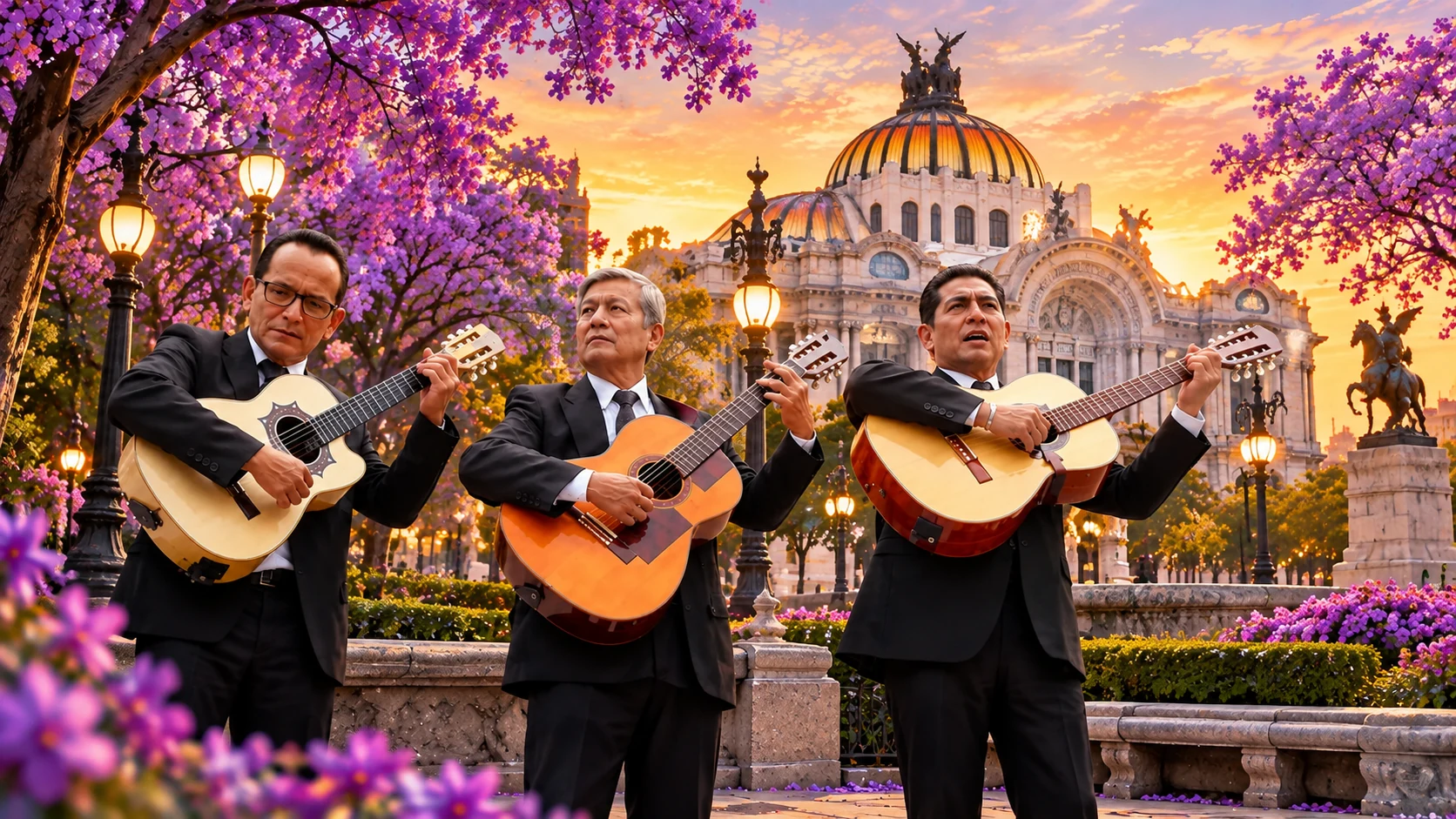Trío romántico de guitarras frente al Palacio de Bellas Artes en Ciudad de México
