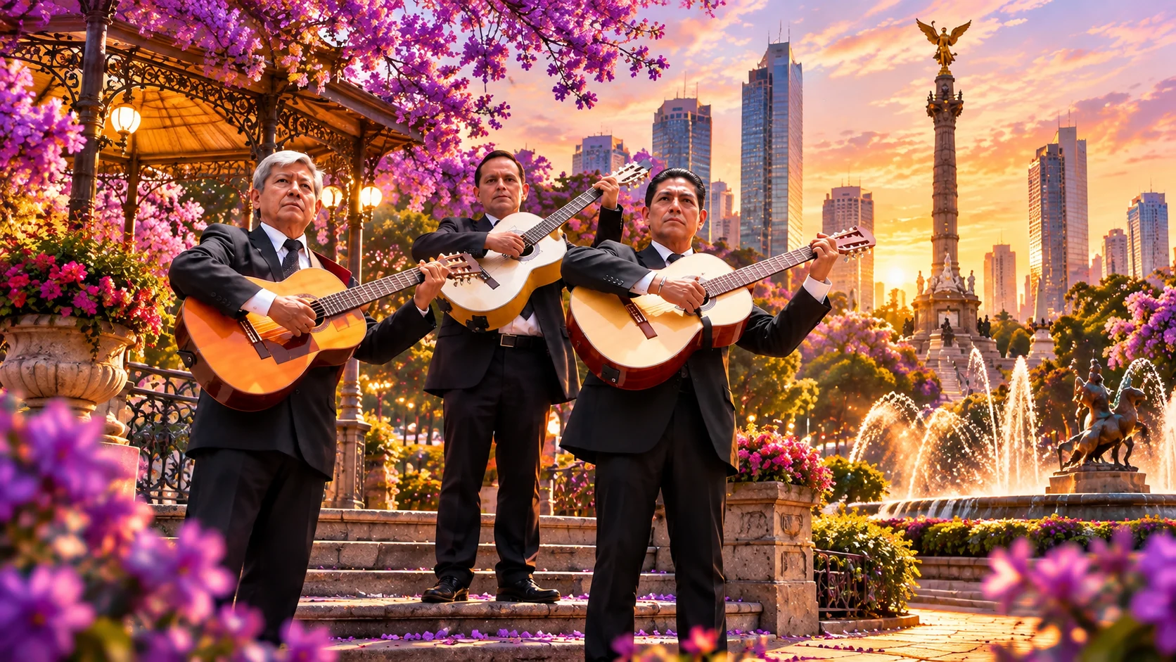 Trío musical romántico con requinto y guitarras bajo jacarandas al atardecer
